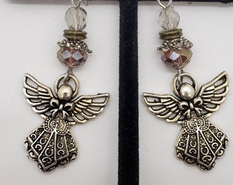 Angel Dangle Earrings: Gray & Purple Glass Beads, Handmade