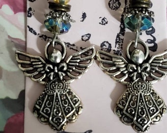 Silver Angel Dangle Earrings, Iridescent Blue Glass Beads, Religious Jewelry