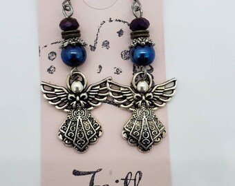 Angel Dangle Earrings with Dark Purple & Blue Glass Beads