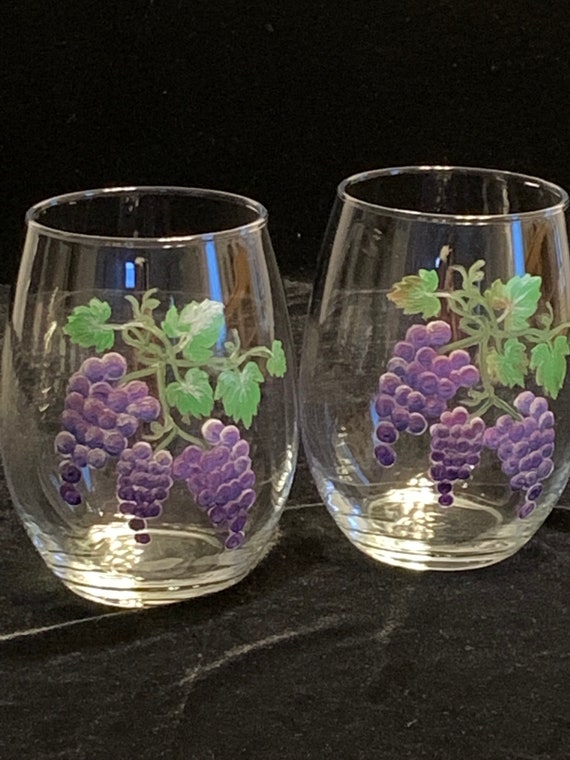 Hand Painted Fruit Wine Glasses Set of Two