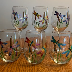 Hand Painted DRAGONFLY Glasses - Stemmed or Stemless Wine Glasses