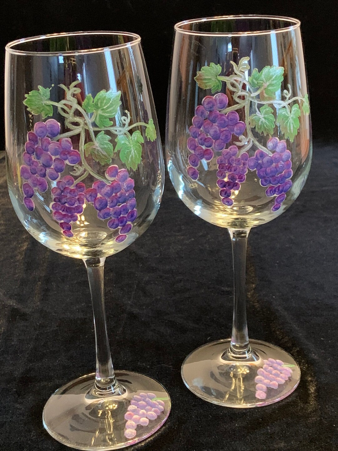 Set of Two Handpainted Wine Glasses With Grapes and Leaves Etsy