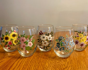 Hand Painted Stemless Wine Glass, choice of designs