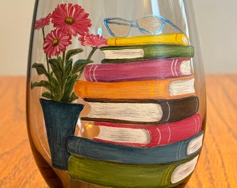 Stack of Books - Hand painted Wine Glasses