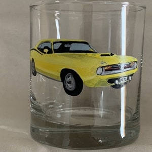 1970 Plymouth BARRACUDA hand-painted on a Whiskey Glass