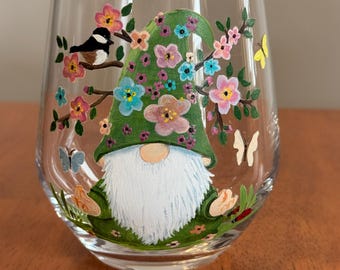 GNOMO DE JARDÍN - Pintado a mano sobre copa de vino de 473 ml (16 onzas líquidas) con o sin tallo.