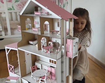 Houten Montessori-poppenhuis met meubels en verlichting, mini-speelhuis met meerdere niveaus voor meisjes, handgemaakt kerstcadeau-idee