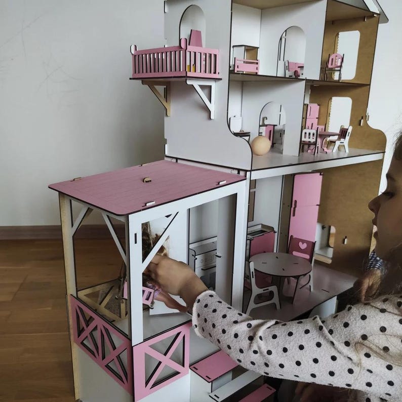 Montessori Wooden Dollhouse With Furniture and Lighting, Multi-level ...