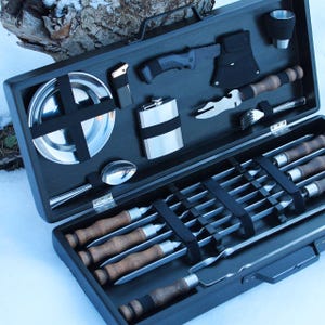 Juego de brochetas de acero inoxidable grabadas para barbacoa con caja de regalo de madera, kit de herramientas de parrilla personalizado para hombres, regalo de parrilla personalizado
