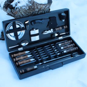 Set di spiedini con posate in scatola di legno naturale per barbecue da campeggio, ottimo regalo per gli uomini, spiedini in acciaio inossidabile, set di spiedini per barbecue