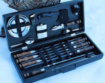 Set di spiedini con posate in scatola di legno naturale per barbecue da campeggio, ottimo regalo per gli uomini, spiedini in acciaio inossidabile, set di spiedini per barbecue