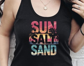 Camiseta sin mangas deportiva con estampado de arena y sal marina, camiseta de viaje de verano para vacaciones tropicales, fiesta en la playa, camiseta de viaje de verano, conjunto a juego para viaje de chicas, crucero