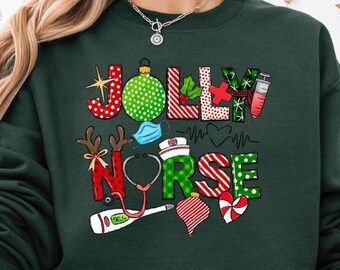 Sudadera navideña Jolly Nurse, camiseta navideña a juego para enfermera, regalo para enfermera, camiseta navideña para enfermera, camiseta navideña para enfermera, camisetas del equipo de enfermería