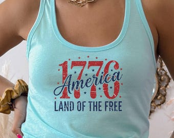 Camiseta sin mangas estilo racerback "1776 America Land of the Free", camiseta patriótica del 250 aniversario.