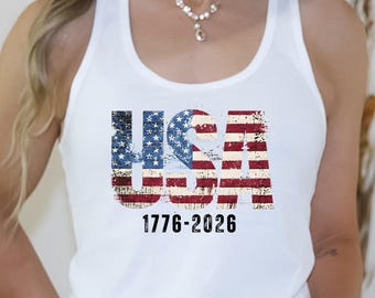 Camiseta sin mangas estilo racerback de 1776 USA, camiseta de América, tierra de la libertad, camiseta patriótica del 250 aniversario.