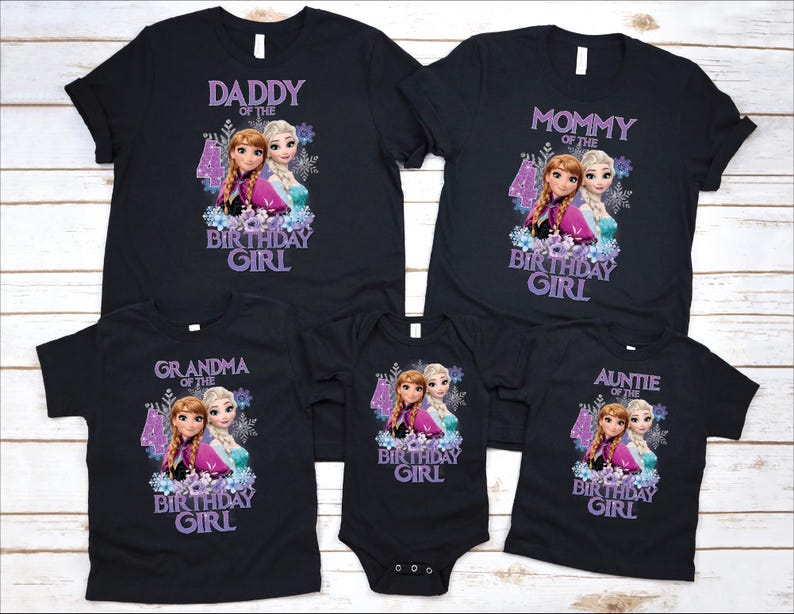 May include: Black t-shirts featuring a graphic of two animated girls, with text reading "Daddy of the Birthday Girl", "Mommy of the Birthday Girl", "Grandma of the Birthday Girl", "Auntie of the Birthday Girl", and a babygrow.
