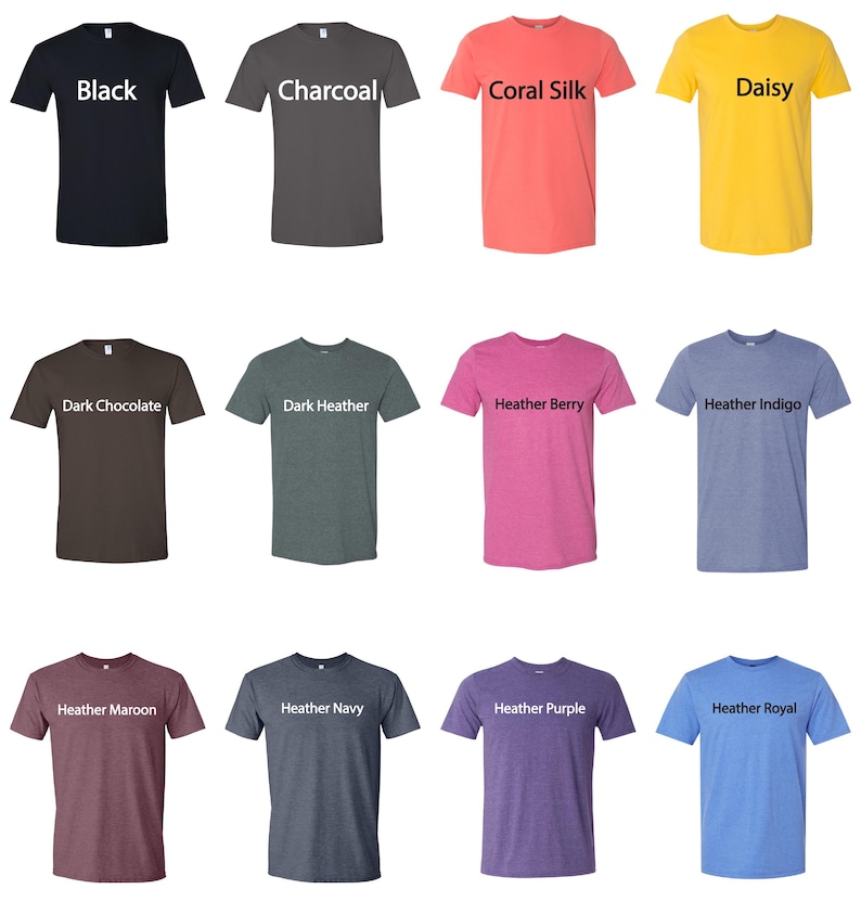 Op de afbeelding: Assortiment effen t-shirts in diverse kleuren, waaronder zwart, houtskool, koraalzijd en madeliefjesgeel. Andere kleuren zijn donkere chocolade, donker heather, heather berry, heather indigo, heather maroon, heather navy, heather purple en heather royal. Elk shirt heeft een label met de kleurnaam.