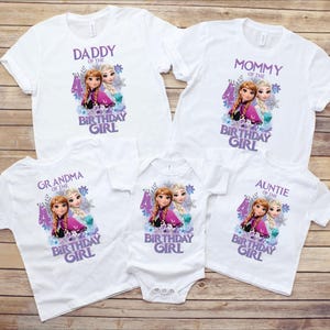 May include: White t-shirts and a babygrow with a birthday theme. Each top features a graphic of two cartoon characters and the words "Daddy of the Birthday Girl", "Mommy of the Birthday Girl", "Grandma of the Birthday Girl", and "Auntie of the Birthday Girl".