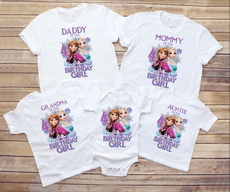 May include: White t-shirts and a babygrow with a birthday theme. Each top features a graphic of two cartoon characters and the words "Daddy of the Birthday Girl", "Mommy of the Birthday Girl", "Grandma of the Birthday Girl", and "Auntie of the Birthday Girl".