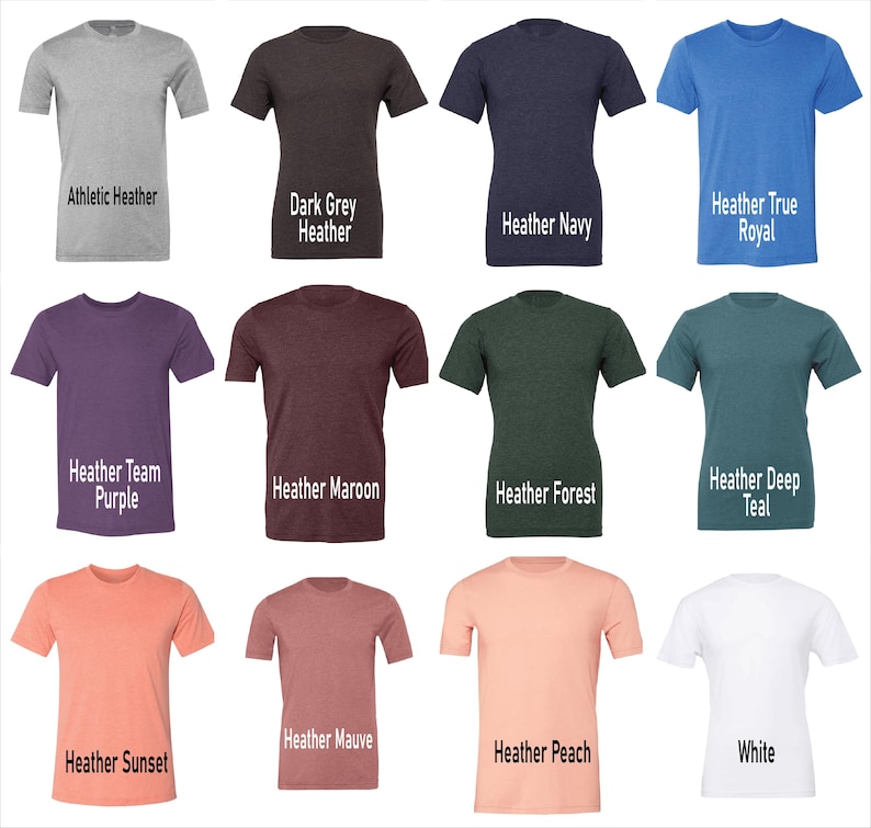 Puede incluir: Una colecci&oacute;n de camisetas de manga corta en varios colores, incluyendo gris, gris oscuro, azul marino, azul, morado, granate, verde, verde azulado, naranja, malva, melocot&oacute;n y blanco. Cada camiseta tiene un nombre de color.