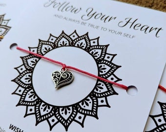 Inspirational Wish Bracelet: Heart Charm, Waxed Cord