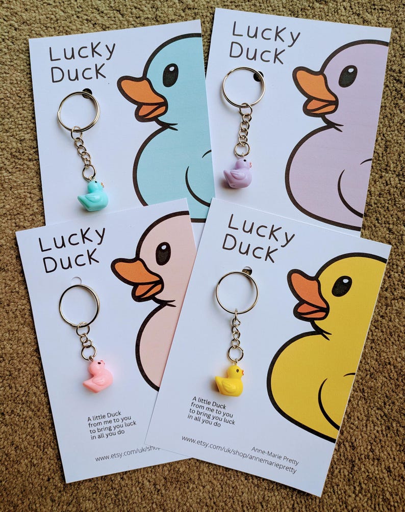 Lucky Duck Keychain, Luck Duck Keyring, Lucky Duck Gift, Good Luck Gift, pink, white, turquoise, lavender, yellow