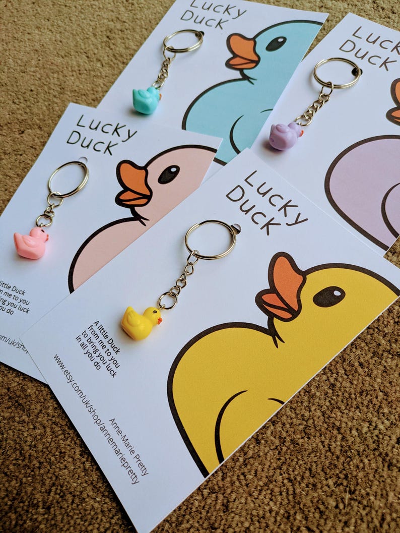 Lucky Duck Keychain, Luck Duck Keyring, Lucky Duck Gift, Good Luck Gift, pink, white, turquoise, lavender, yellow