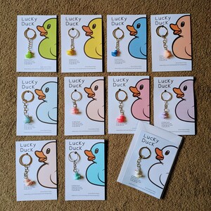 Lucky Duck Keychain, Luck Duck Keyring, Lucky Duck Gift, Good Luck Gift, pink, hot pink, white, turquoise, lavender, yellow, peach, pale peach, dark blue, light blue, green