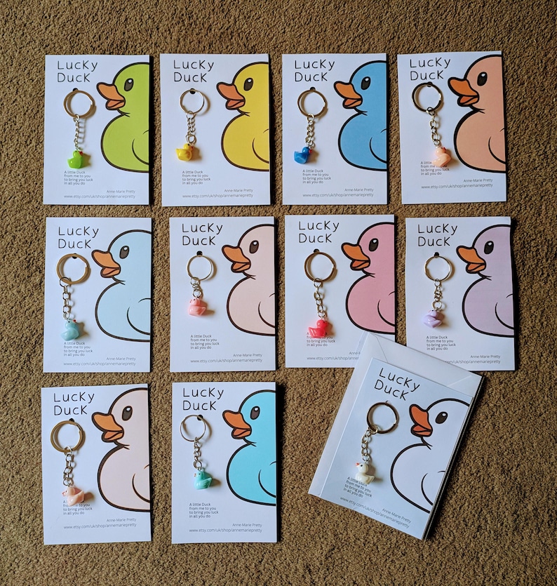 Lucky Duck Keychain, Luck Duck Keyring, Lucky Duck Gift, Good Luck Gift, pink, hot pink, white, turquoise, lavender, yellow, peach, pale peach, dark blue, light blue, green