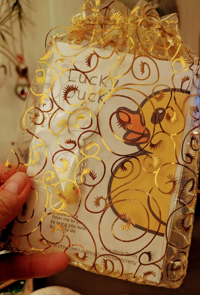May include: A yellow rubber ducky charm in a gold mesh bag with a white card that says "Lucky Duck" and "from me to you to bring you luck in all you do".
