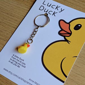 May include: A yellow rubber duck keychain with a silver chain and ring. The keychain is on a white card with the text "Lucky Duck" and "A little Duck from me to you to bring you luck in all you do" and a website address.