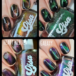 May include: Four bottles of nail polish with a holographic finish. The bottles are labeled "Andromeda", "Supernova", "Heart Nebula", and "Galaxy". Each bottle has a black label with white text that reads "Nail Polish by Lisa".