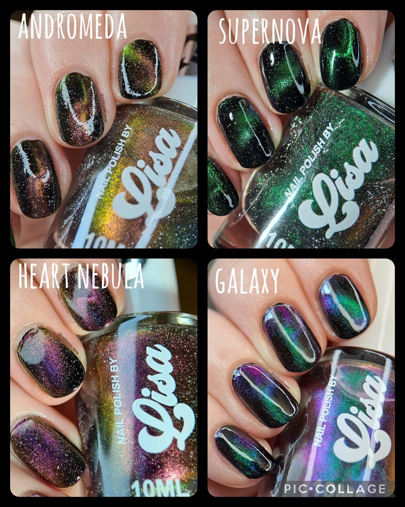 May include: Four bottles of nail polish with a holographic finish. The bottles are labeled "Andromeda", "Supernova", "Heart Nebula", and "Galaxy". Each bottle has a black label with white text that reads "Nail Polish by Lisa".