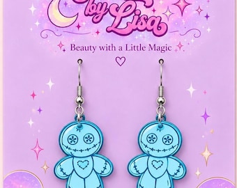 Blue Spooky Doll Mirrored Acrylic Halloween Earrings