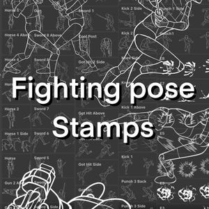Puede incluir: Una ilustración en blanco y negro de poses de lucha con el texto "Fighting pose stamps" en el centro. La ilustración muestra diferentes posturas de lucha y movimientos, incluyendo puñetazos, patadas, golpes de espada y disparos.