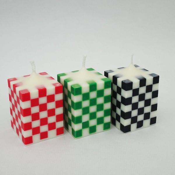 The Checkerboard Pillar Candle Soy wax & Beeswax | Unique | Handmade | Natural | Gift | Home Decor | Decoration