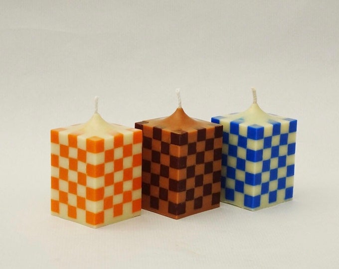 The Checkerboard Pillar Candle Soy wax & Beeswax | | Unique | Handmade | Natural | Gift | Home Decor | Decoration