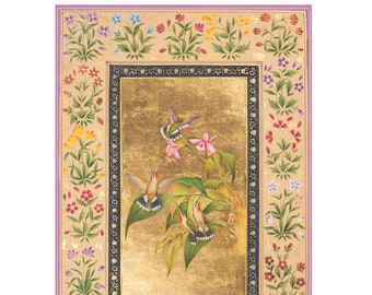Hand-painted hummingbird wall art, exotic floral painting with gold leaf, handmade Indian Miniature art