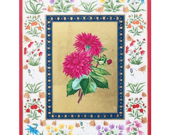 Pintura floral india hecha a mano, pan de oro, arte floral de margaritas