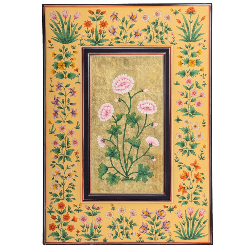 May include: A traditional Indian miniature painting on paper with a gold background. The painting features a central motif of pink flowers with green leaves and stems. The border of the painting is decorated with a variety of smaller flowers in shades of pink, yellow, orange, and green.