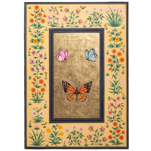 Hand painted butterfly painting with gold leafing work, Mughal Floral border, floral painting, gift for all Occasions, decor, Made in India
