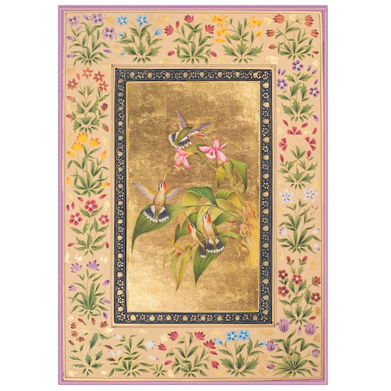 Hand-painted hummingbird wall art, exotic floral painting with gold leaf, handmade Indian Miniature art