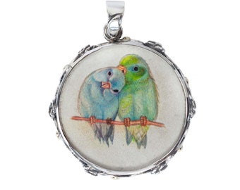 Hand painted silver pendant, silver bohemian jewellery, Hand painted, love birds, flowers, gift, gift for couples, unique gift, customised