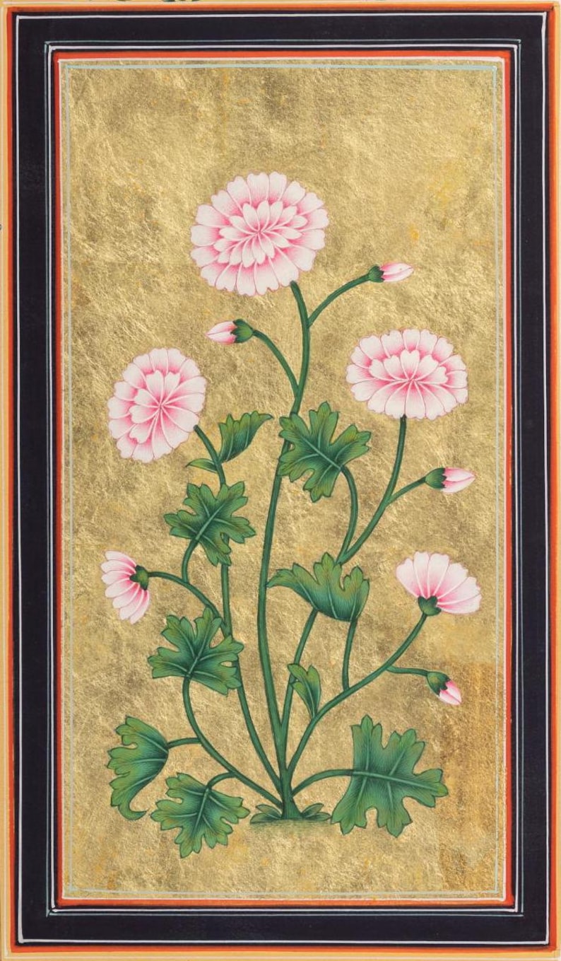 May include: A traditional Indian painting of pink flowers with green leaves on a gold background. The painting is framed in black with a red and white border.