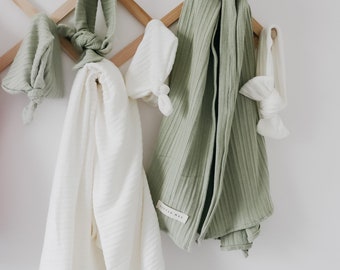 Green Knit Pointelle Stretch Swaddle Blanket - Newborn Swaddle - Knit White Blanket - Baby Swaddle - Green Swaddle - Stretch Swaddle