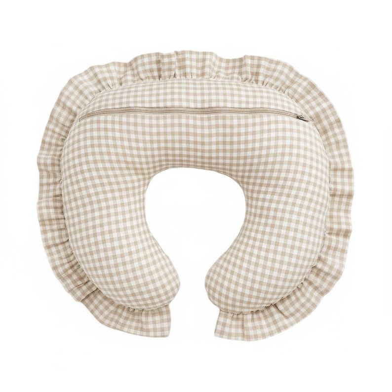 Beige Gingham Ruffle Nursing Pillow Cover Breastfeeding Pillow Cover for Baby Boys and Girls Baby Shower Gift Neutral Baby Pillow U Shape image 2