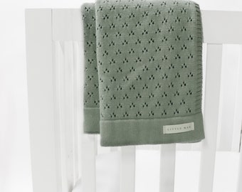 Green Knit Pointelle Baby Blanket - Knitted Green Baby Blanket - Cozy Knit Baby Blanket - Neutral Baby Blanket - Newborn arrival blanket