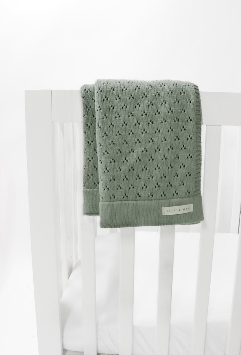 Heirloom Knit Pointelle Baby Blanket Knitted Green Baby Blanket Cozy