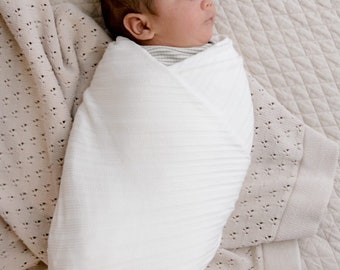 Cloud Knit Pointelle Stretch Swaddle Blanket - Newborn Swaddle - Knit White Blanket - Baby Swaddle - White Swaddle - Stretch Swaddle