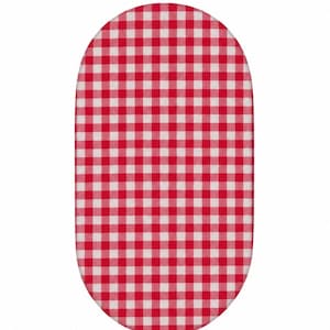 May include: An oval-shaped fabric sheet featuring a classic red and white gingham check pattern. The textile displays a consistent grid of small, alternating red and white squares across the entire surface, creating a uniform checkered design.